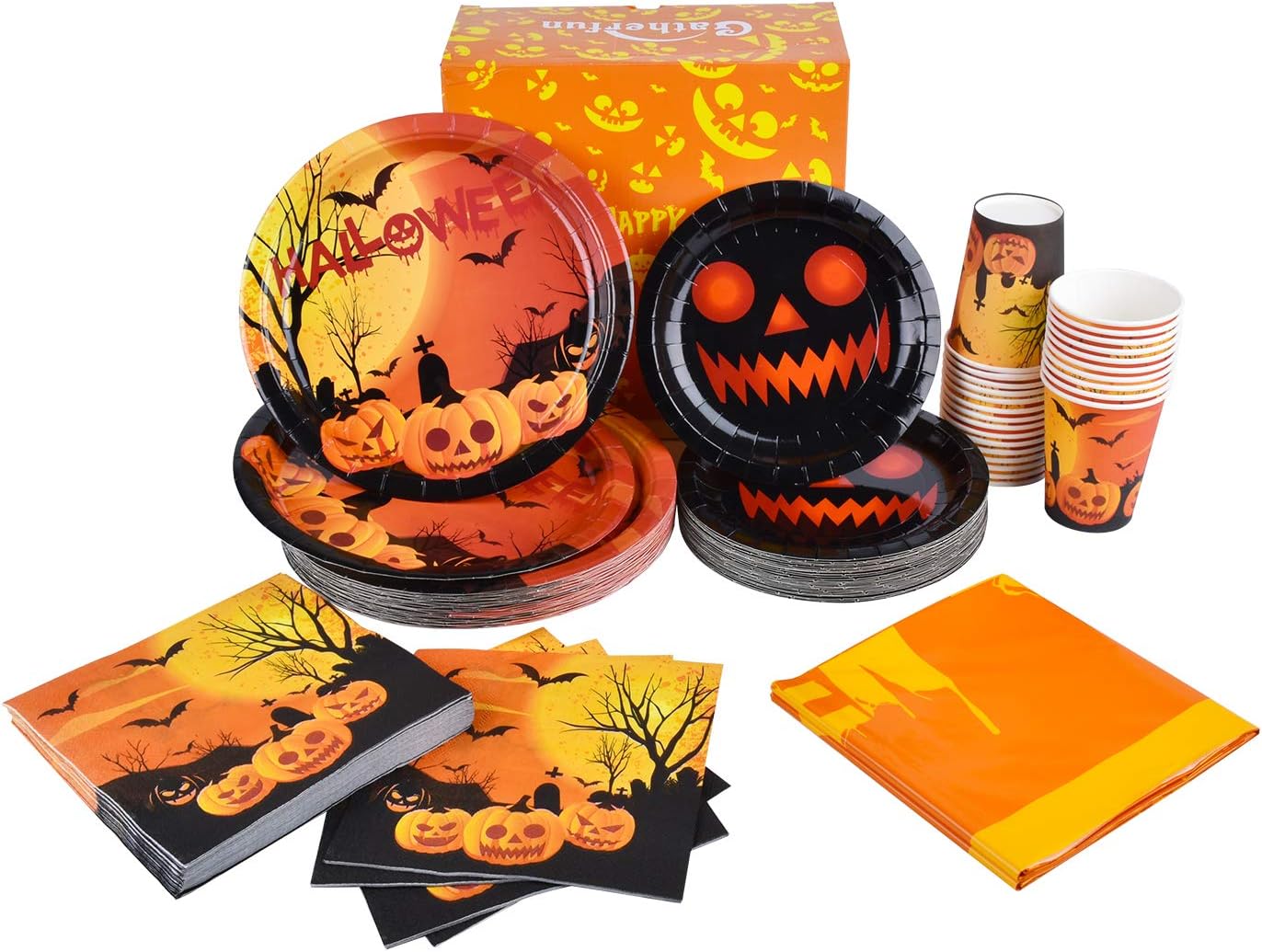 Halloween Plates Cups Napkin Tablecloth Disposable Tablerware Serve 25 for Halloween Pumpkin Party Supplies: Kitchen & Dining