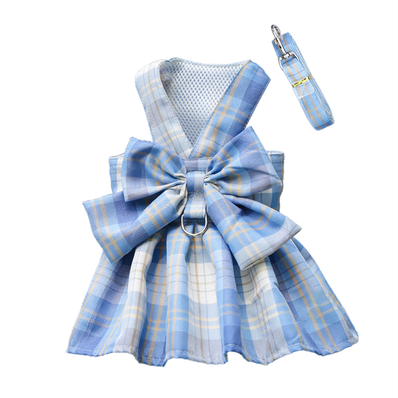 MYKOMI Pet Cat Dog Harness, Cute Checkered Bowknot Mesh Breathable Vest For Small Dogs Cats Costume Torso Harness Stylish Ribbon Walking Harness & Leash Set (M 5.5-9lb, Blue)
