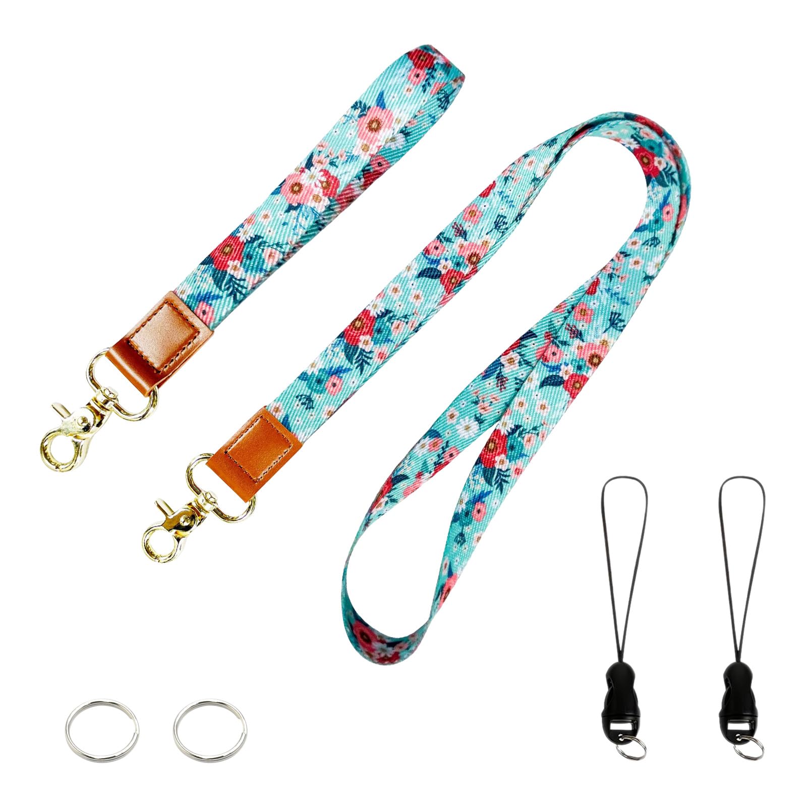 PAITOK Neck Lanyard & Wrist Lanyard Strap Set with Metal Clasp Personalised Lanyard with Two Metal Key Rings for ID Badge Holder Keys Charms(Lake Green Floral)