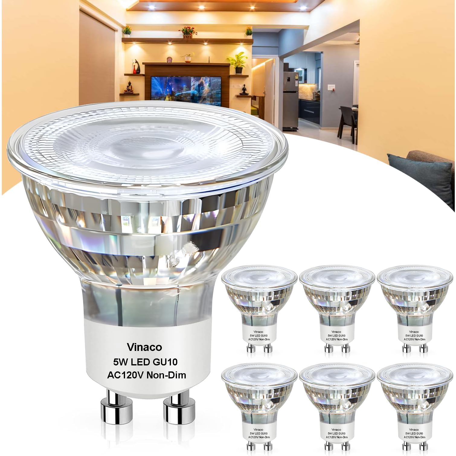 Photo 1 of Vinaco GU10 LED Light Bulbs Non-Dimmable, 6PCS Long Lasting MR16 GU10 LED Bulb 2700K Warm White Flicker-Free, 450LM GU 10 Bulb 5W (50W Equivalent) GU 10 Light, 120V 50W for Track Lighting