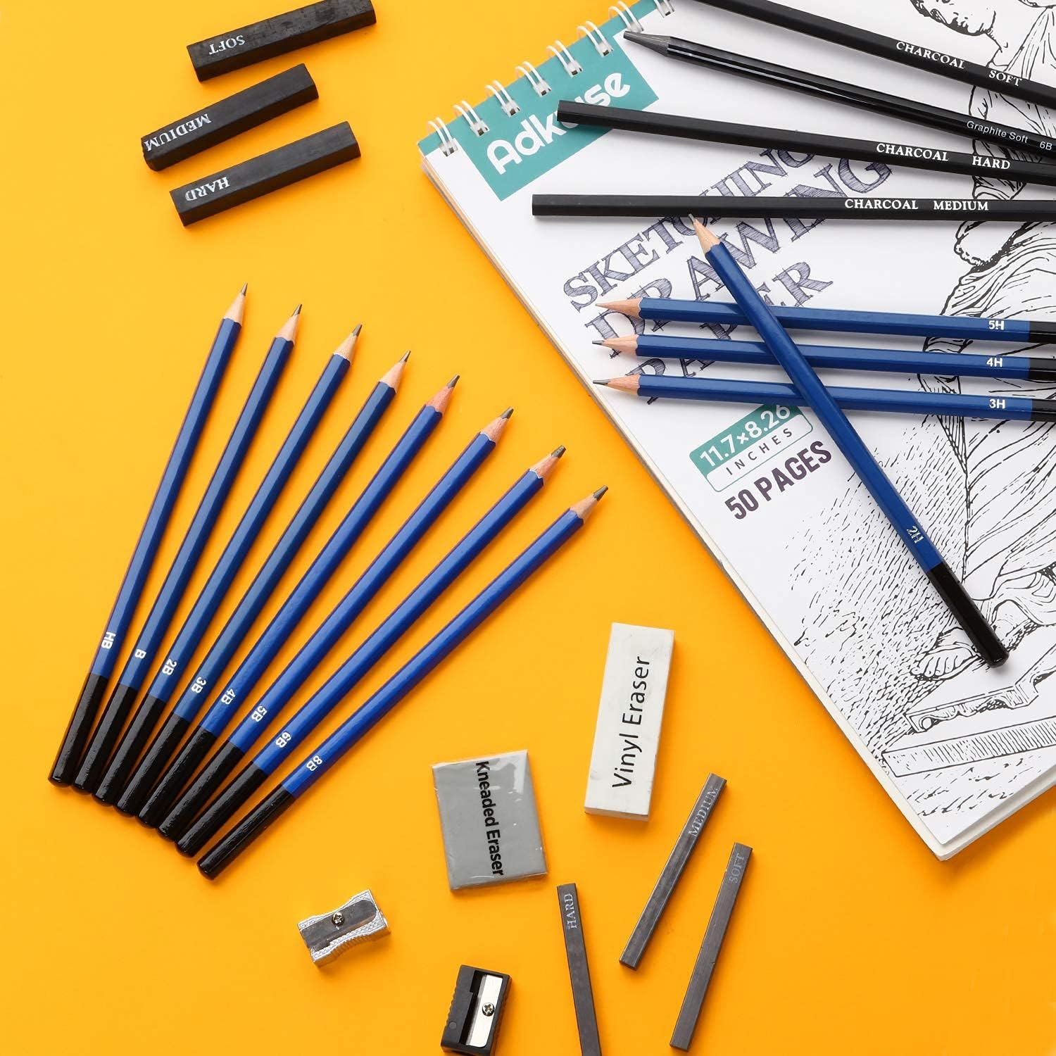 Adkwse Sketch Pencils Set, Art Supplies, Drawing Set, Graphite and Charcoal Pencils, 100 Page Drawing Pad and Kneaded Eraser, Art Kit and Supplies for Kids, Teens and Adults, Sketch Set : Office Products