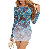 Kasopp Women's Sheer Mesh Swimsuit Cover Up Dress Printed Long-Sleeve Party Beach Dresses