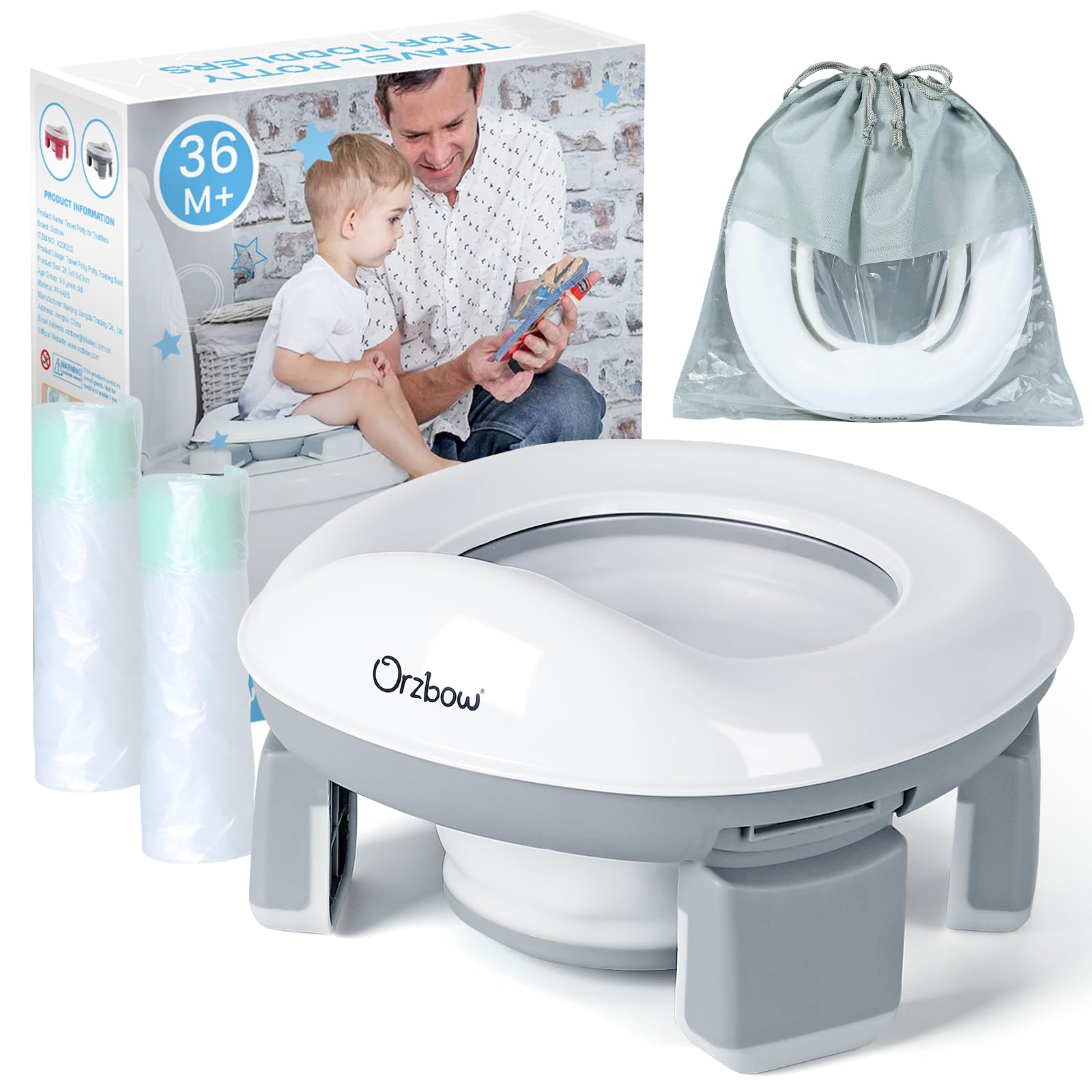 Orzbow Portable Potty for Toddlers, Travel Potty Training Toilet Seat with 4 Legs, Foldable Kids Toilet Seat with 40pcs Potty Bags, Detachable Carry Baby Potty with Splash Guard for Toddlers (Grey)