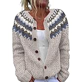 HOTYD Fair Isle Cardigan Sweaters for Women Crew Neck Loose Fit Button Up Chunky Sweater Open Front Casual Fall Knit Jacket