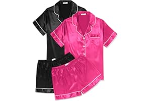 Ekouaer 2 Pack Womens Pajama Sets Silk Satin Short Sleeve Button Down Sleepwear Top and Shorts Pjs Lounge Set S-XXL