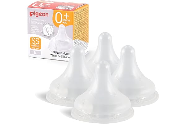 Pigeon Silicone Nipple (SS) with Latch-On Line, Breastlike Natural Feel, Newborn Super Slow Flow, 0+ Months, 4 Counts