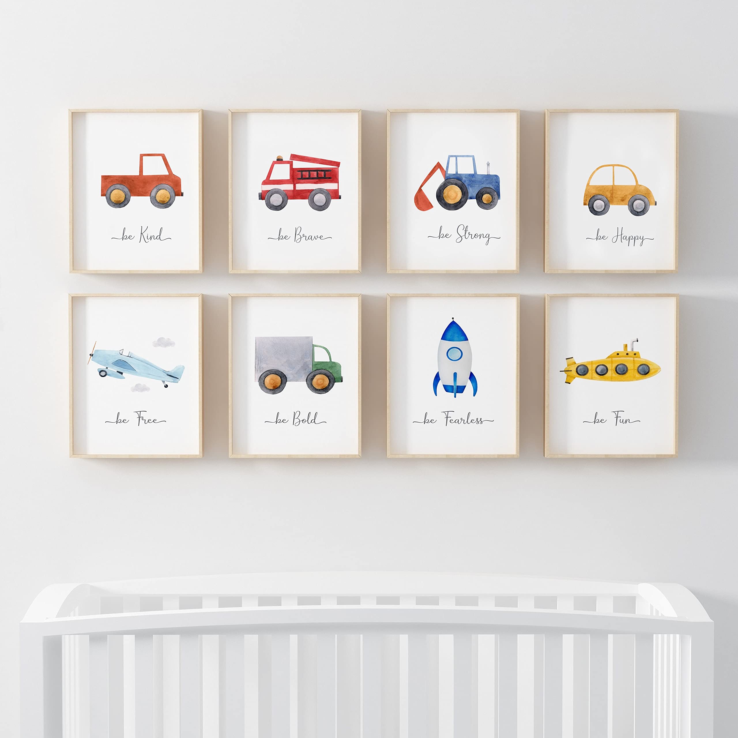 Pompom Prints® Watercolour Cars Children's Nursery Bedroom Wall Art Picture Prints + Inspirational Quotes Poster for Baby Boy | Set of 8 [Picture Frames NOT Included] (8 Prints, Set 3, A4)