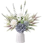 Fake Flowers in Vase, Artificial Flowers with Vase, 15.7'' Floral Arrangements for Dining Table Centerpiece Decor, Silk Roses & Faux Dahlia Bouquet for Farmfouse Kitchen Coffee Table Decor (Blue)