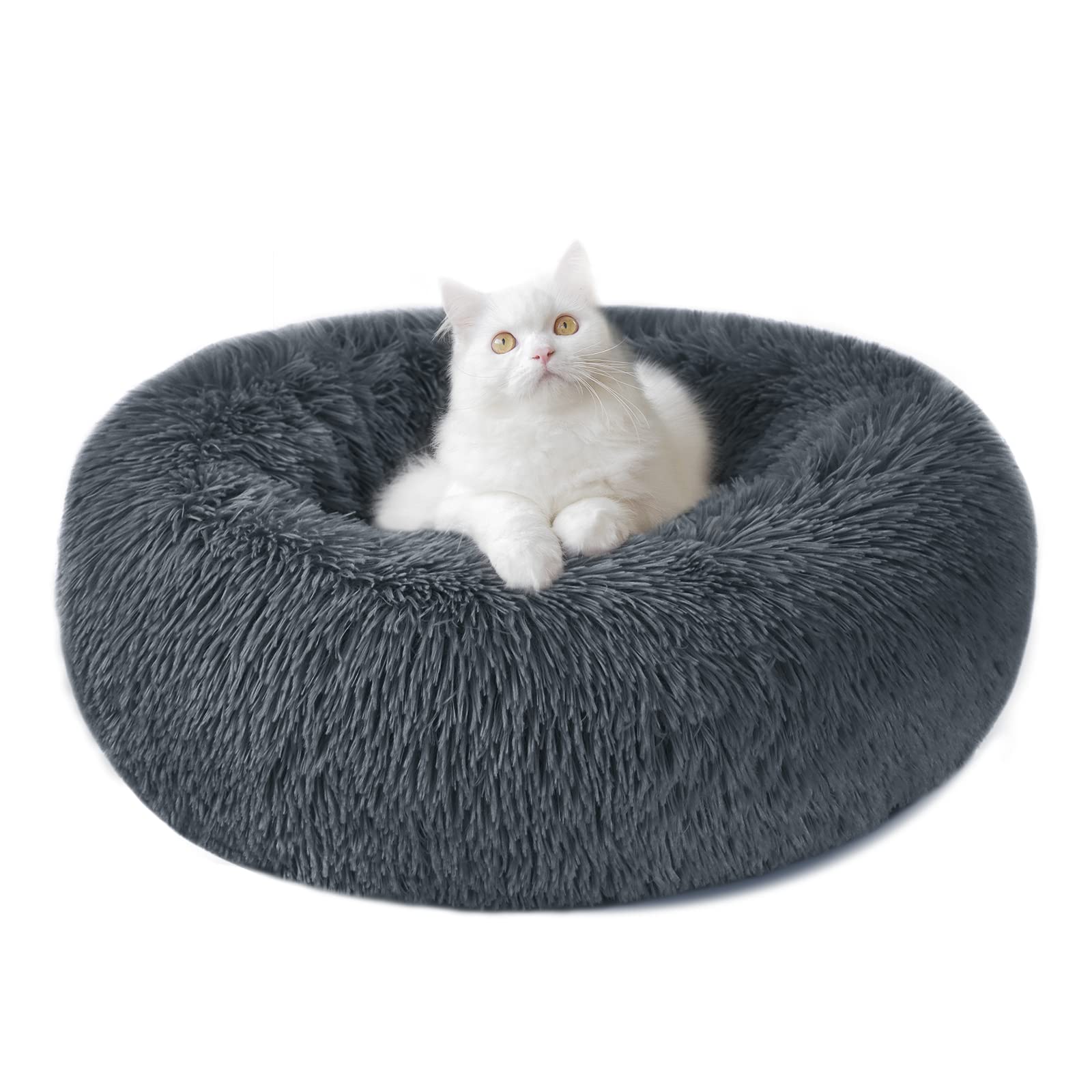 Nepfaivy Calming Dog Cat Donut Bed - 19.7in Fluffy Plush Puppy Kitten Cuddler Round Bed, Warm and Soft Pet Cosy Anti Anxiety Beds with Non-Slip Bottom and Washable(M-50CM, Dark Grey)