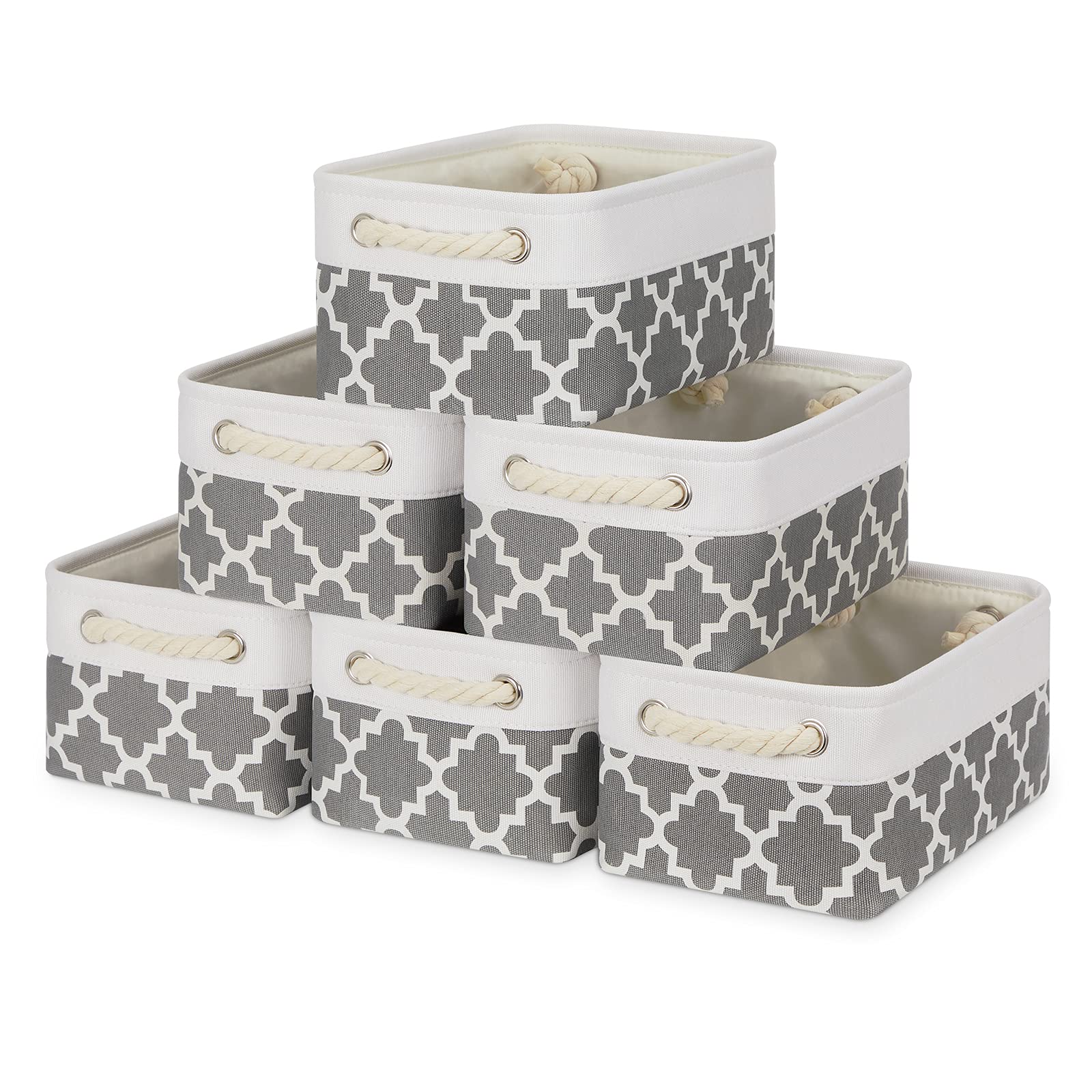 Photo 1 of Bidtakay Small Storage Basket Cute Storage Bins Collapsible Fabric Basket Set of 6 Canvas Organizer Bin Empty Gift Baskets Baby Nursery Toys 11.8 X 7.8 X 5 Inches(White&Quatrefoil Grey)