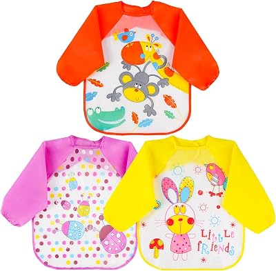 Vicloon 3Pcs Baby Bibs with Sleeves Waterproof Long Sleeve Bib Orange Purple
