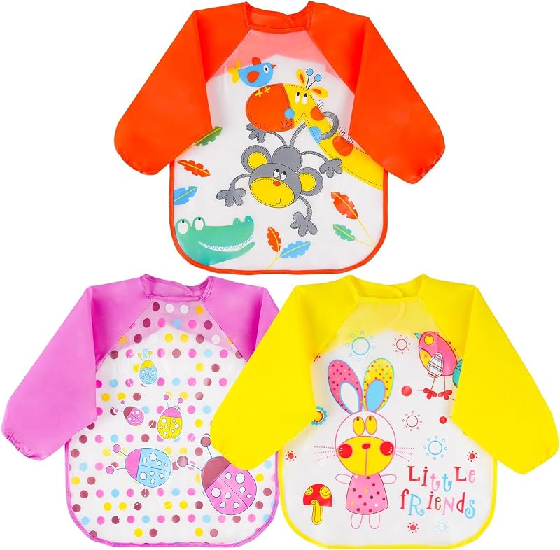 Vicloon 3Pcs Baby Bibs with Sleeves Waterproof Long Sleeve Bib Orange Purple