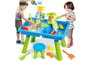Mini Tudou Kids Water Table Toys for Toddlers 1-3,2 in 1 Large Sensory Table w/ 37PCS Sand and Water Toy Accessories Summer Outdoor Toy on Beach Backyard for Kids Toddler Boys Girls Age 1 3 4 5 6 7 8