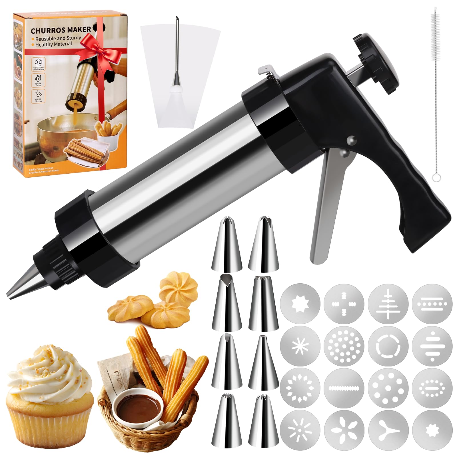 Photo 1 of 3 in 1 Cookie Press Gun Decorating Kit with 16 Discs and 8 Icing Tips, Premium Baking Tool for Cookie Press and Cake Decorating, Includes Piping Bag and Cleaning Brush,Christmas Baking Gifts for Women