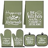 Sratte 6 Pcs Kitchen Decor Accessories Set Farmhouse Towels Pot Holders Oven Mitts Set 2 Dish Towels 2 Potholders 2 Cooking Mittens Oven Glove for Christmas Baking Cooking Supply(Green,Kitchen)