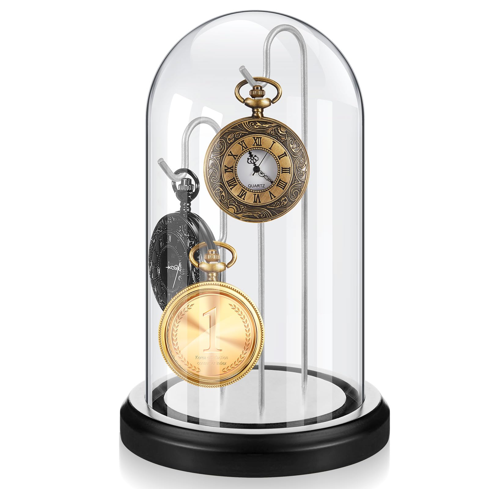 Photo 1 of Beeveer 4 x 7 Inch Pocket Watch Glass Display Dome Cloche with 3 Hooks Clear Pocket Watch Display Case Stand Glass Cloche Showcase with Wood Base for Ornaments Medals Collectibles(Black and Silver)