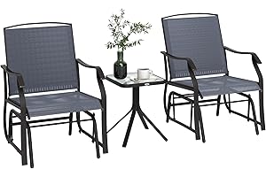 Outsunny 3 Piece Outdoor Glider Chair with Coffee Table Bistro Set, 2 Patio Rocking Swing Chairs with Breathable Sling Fabric, Glass Tabletop, for Backyard, Garden and Porch, Gray