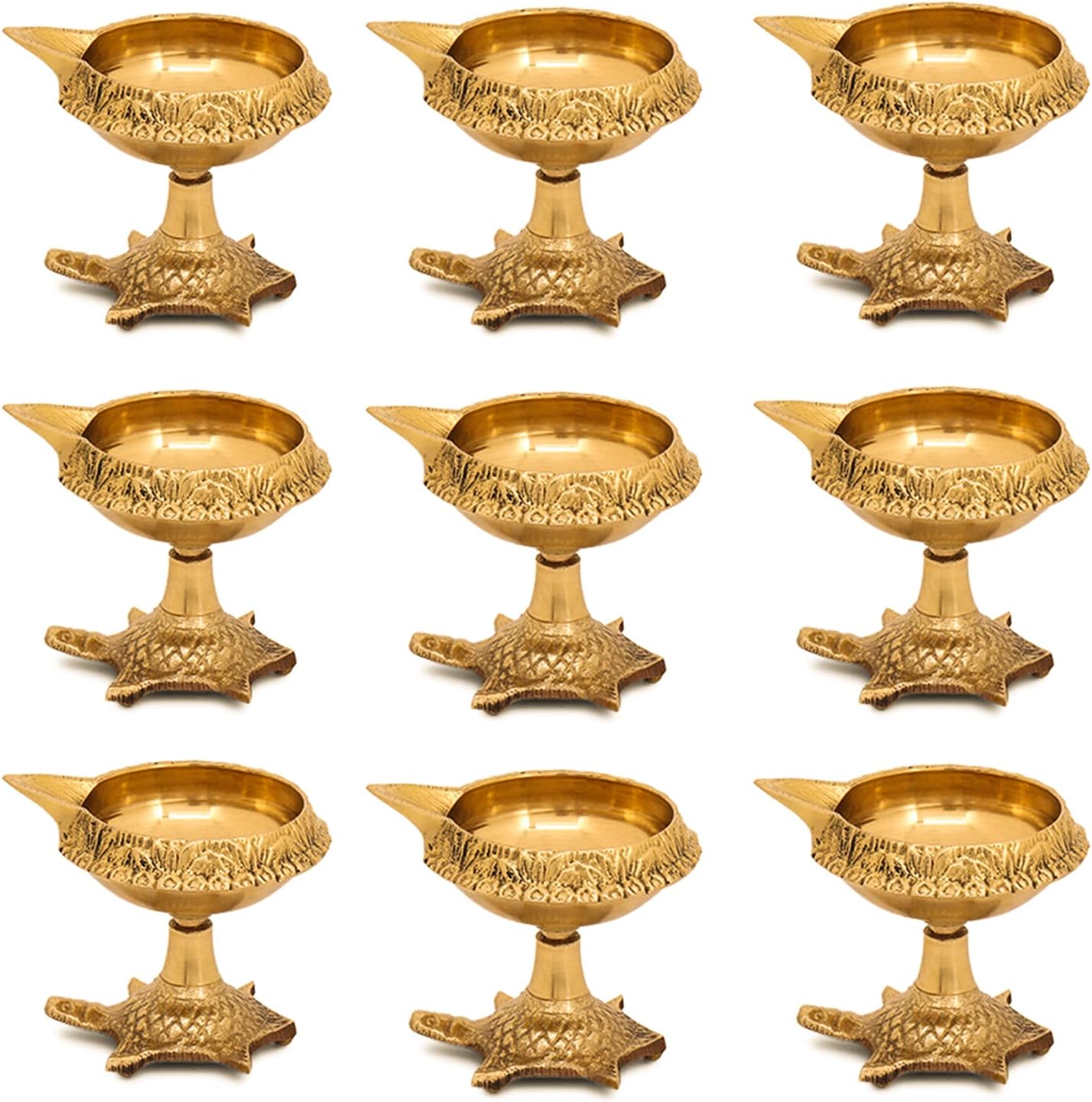 Oil Lamps & Accessories - Hashcart Brass Diya with Turtle Base - Diya Lamp for Pooja - Diwali Diyas/Deepam/Deepak for Diwali Decorations - Indian Diwali Gifts {Set of 10 Pc}