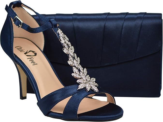 Chic Feet Navy Blue Satin Wedding Bridal Evening Prom T Bar Diamante