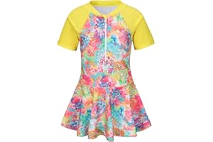 LOLLISY Girls One Piece Swimsuits Hawaiian Skirted Bathing Suit for Kids Girls Summer Swim Dress Short Sleeve Swimwear 3-16 Years