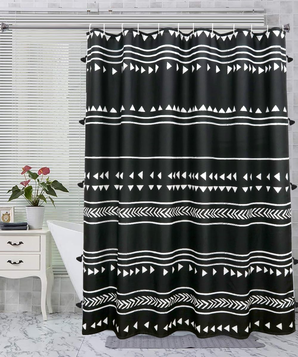 Photo 1 of **Stock Pic just for Reference** UPHOME Boho Black and White Fabric Tassel Triangle Stripes Geometric Shower Curtain Set with Hooks Chic Tribal Bathroom Decor Accessories (72X72 inch, Black)