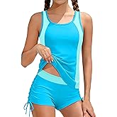 HOTOME Girls Swimsuit Two Piece Color Block Adjustable Strap Tankini Sets with Drawstring Shorts Bathing Suit for Girls 9-16Y