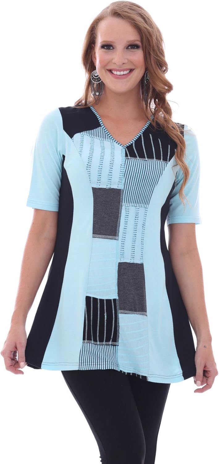 Parsley & Sage - Shirley, Short Sleeve, V-Neck Tunic Top with Black Trim Sides at Amazon Womenâs 
