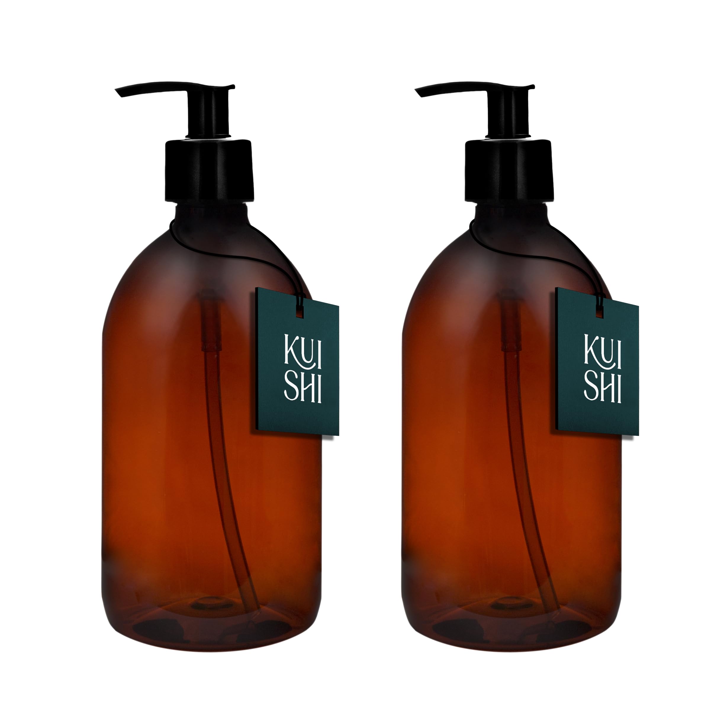 Kuishi Plastic Soap Dispenser with Black Plastic Pump - 500ml Pack of 2 Refillable BPA-Free Hand Soap Dispenser for Kitchen & Bathroom, Amber