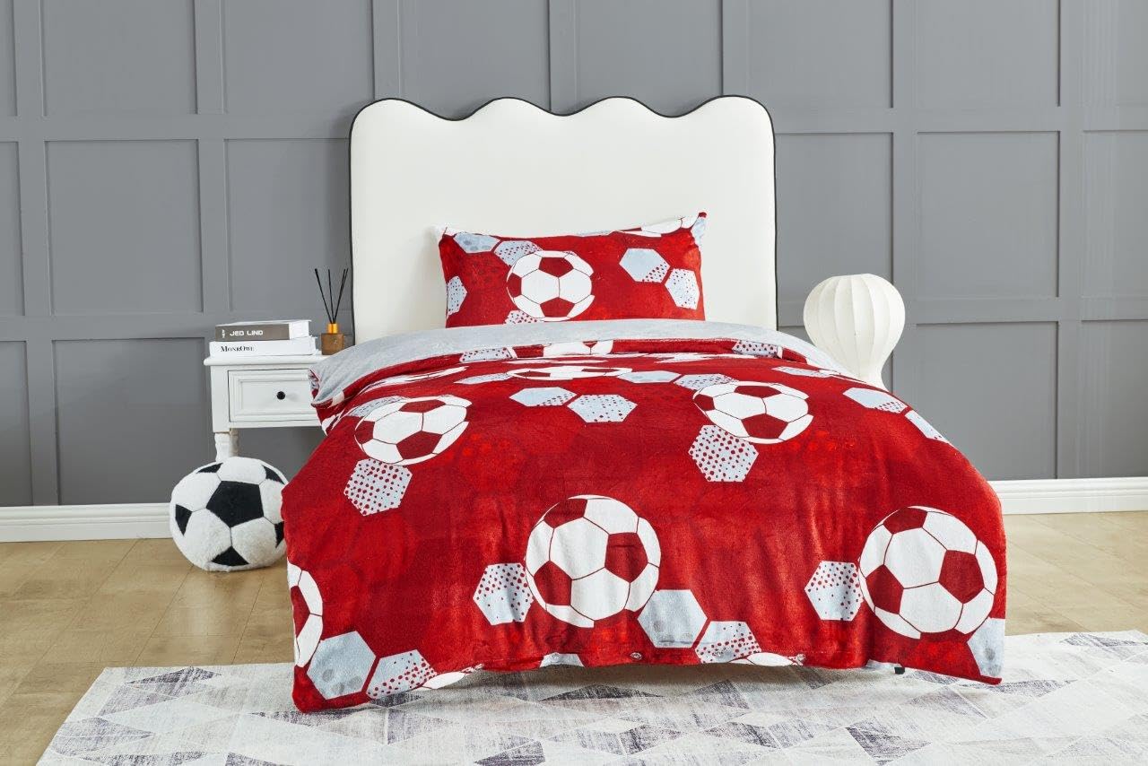 GC GAVENO CAVAILIA Football Bedding Single Teady Fleece Duvet Cover Set (135x200 cm) - Breathable Kids Bed Cover With Pillowcase - Red Duvet Set Washable Linen