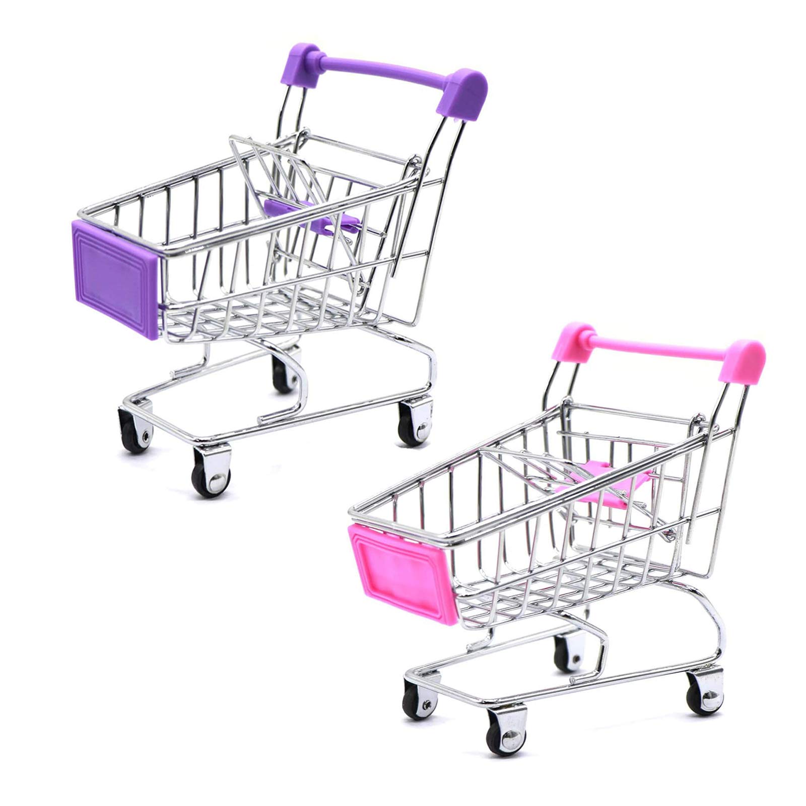 Mini Shopping Cart Trolley, 2 Pcs Storage Basket Kids Toy, Make Up Holder Rack Storage Stainless Metal Racking for Desktop Decoration (Pink & Purple)