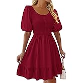 BTFBM Spring Empire Waist Dress for Women 2025 Summer Smocked Crewneck Puff Short Sleeve Beach Vacation Mini Dresses