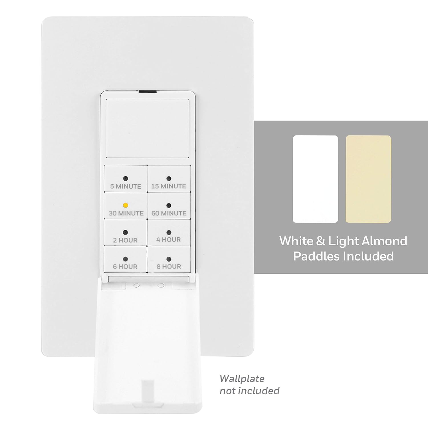 Honeywell Wall Push-Button Timer Switch, 5-15-30 Minute/1-2-4-6-8 Hour Countdown, Indoor/Outdoor, Neutral Wire Required, Single-Pole, Ideal for Exhaust Fans, Seasonal Lighting, LED, 40989, White