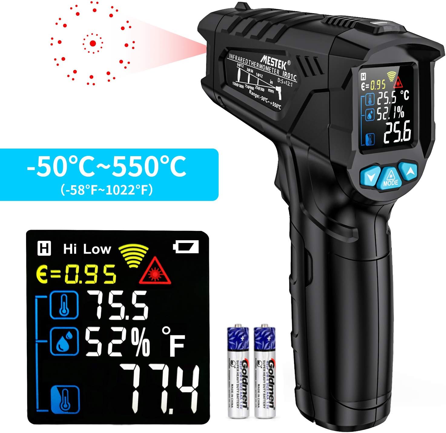 Infrared Thermometer IR Temperature Gun MESTEK Laser Digital Thermometer Non-Contact with Color LCD Screen -58℉~1022℉(-50℃~550℃) Adjustable Emissivity Humidity Cooking BBQ Oven Pizza Car Fridge