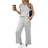 PINSPARK Two Piece Sets for Women Summer Outfits Sleeveless Lounge Sets V Neck Tops Wide Leg Crop Pants Travel Tracksuit