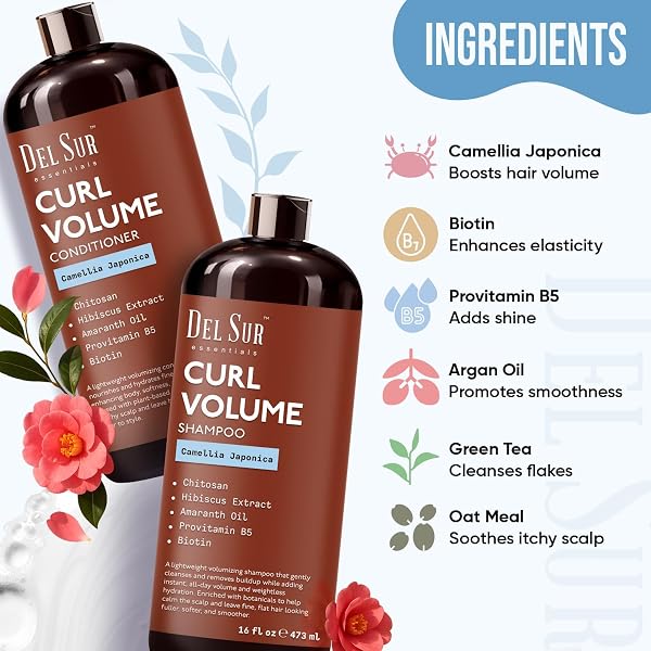 DEL SUR CURLY HAIR SHAMPOO AND CONDITIONER SET | CURL DEFINING, VOLUME & HYDRATION | 16 FL OZ EACH | WITH CAMELLIA JAPONICA, HIBISCUS & AMARANTH OIL | FOR CURLY, WAVY & COILY HAIR | WOMEN & MEN