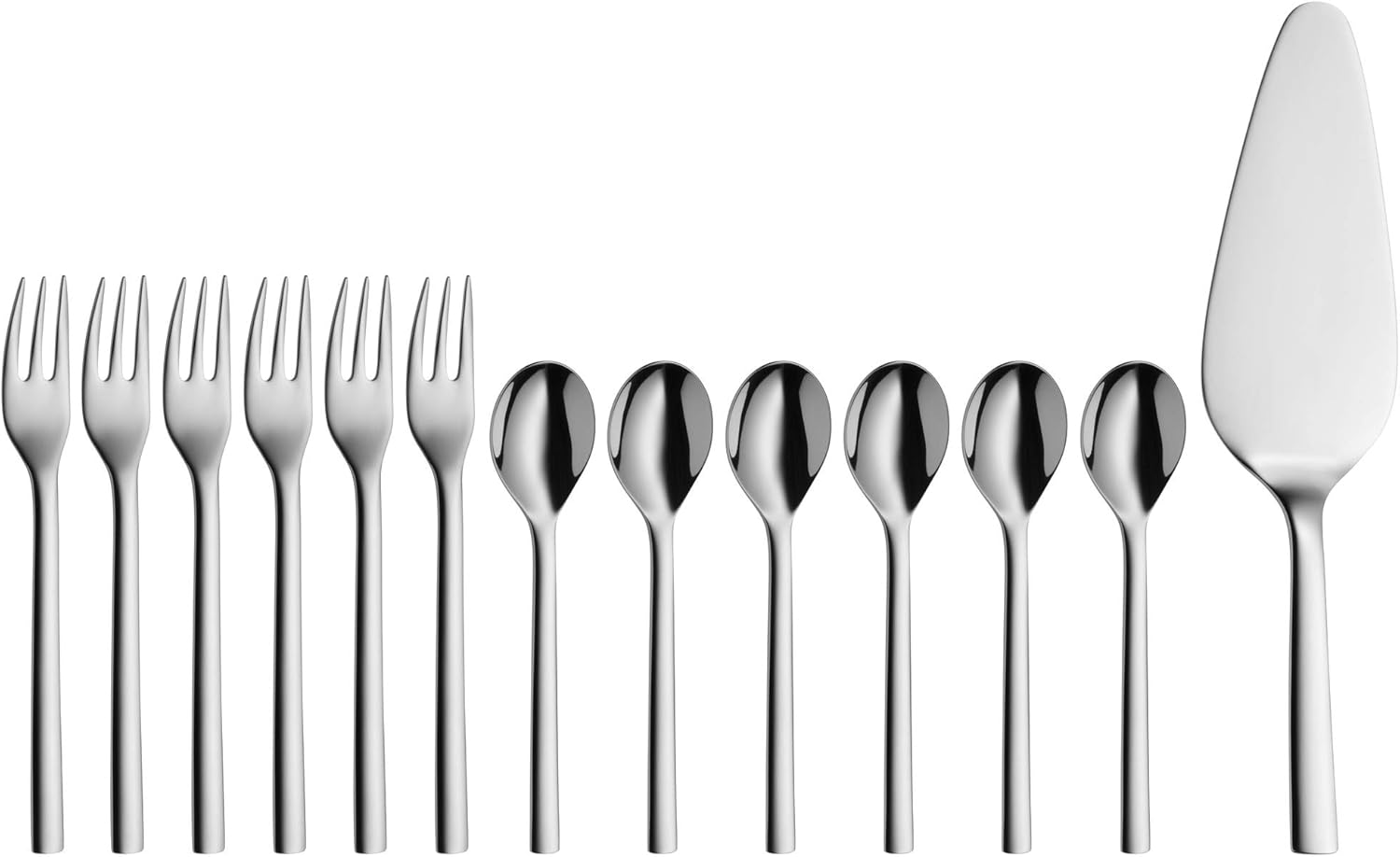 WMF Nuova Obst-/ Kuchenbesteck 13-teilig, für 6 Personen, Kaffeelöffel, Kuchengabel, Tortenheber, Cromargan Edelstahl poliert, spülmaschinengeeignet
