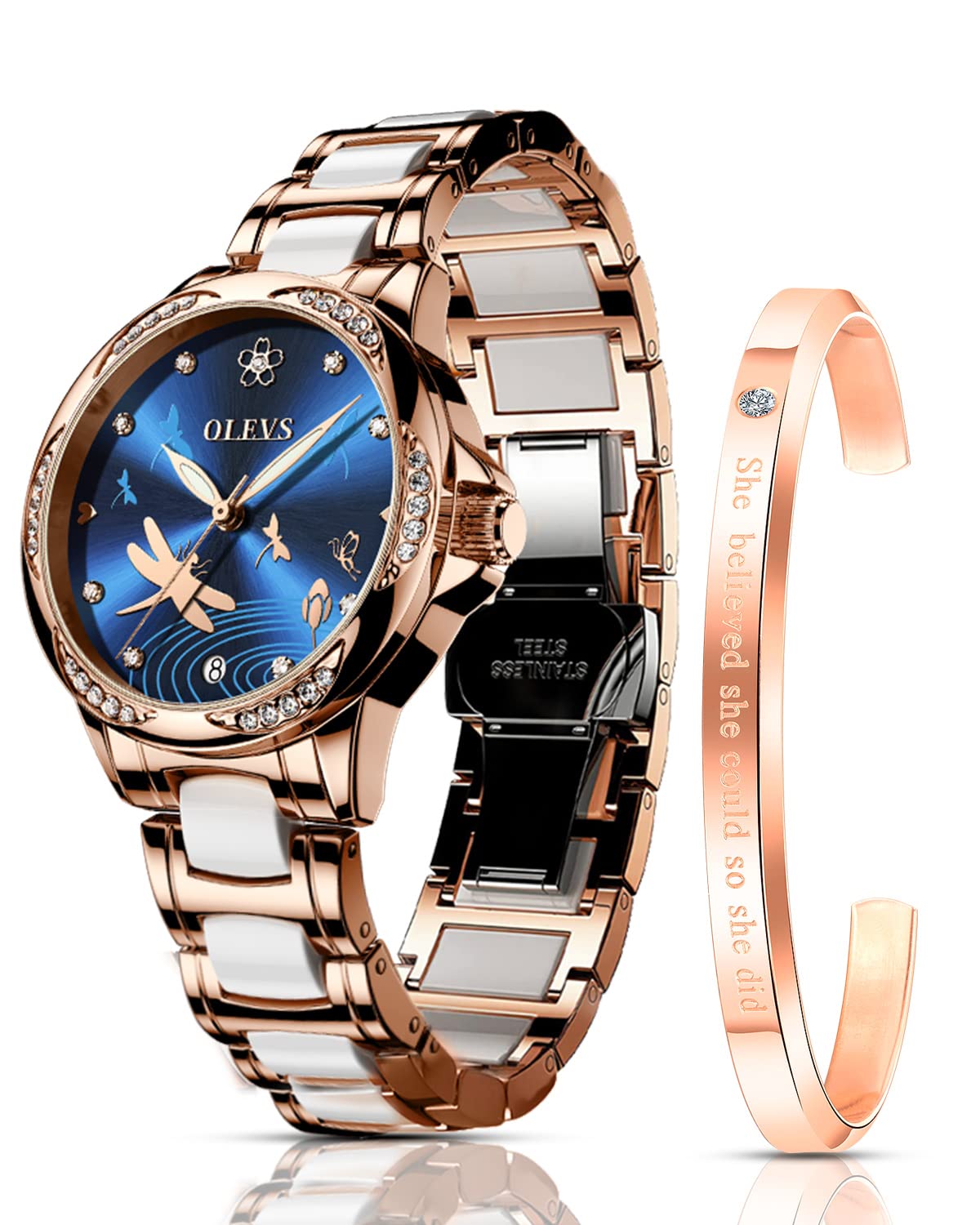 OLEVS Watches for Women Automatic Mechanical Self Winding Rose Gold Ladies Watch Diamond Dress Ceramic Bracelet Waterproof Female Wrist Watch
