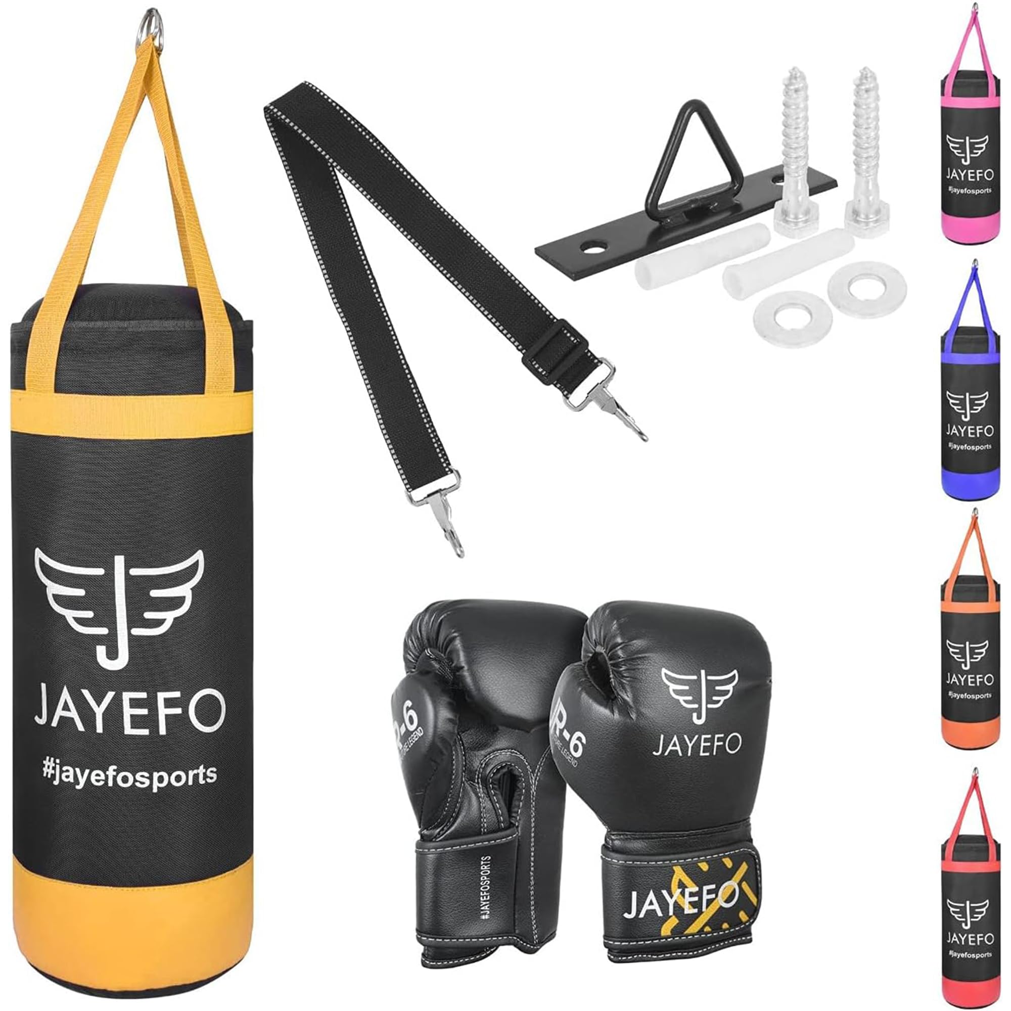 Jayefo Kids Punching Bag Set - 5 pcs Childrens Punch Bag and R-6 Gloves Set for MMA, Kickboxing, Muay Thai & Karate, Adjustable Length Hanging Straps Include | Best Gift for Kids Immunity