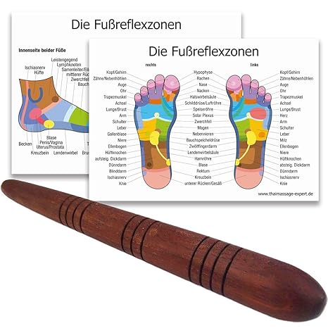 Massage-Stab aus Holz/Deuserstab als Massagehilfe mit 2 DIN A4 Plakaten für Reflex-Zonen Massage Triggerpunkte