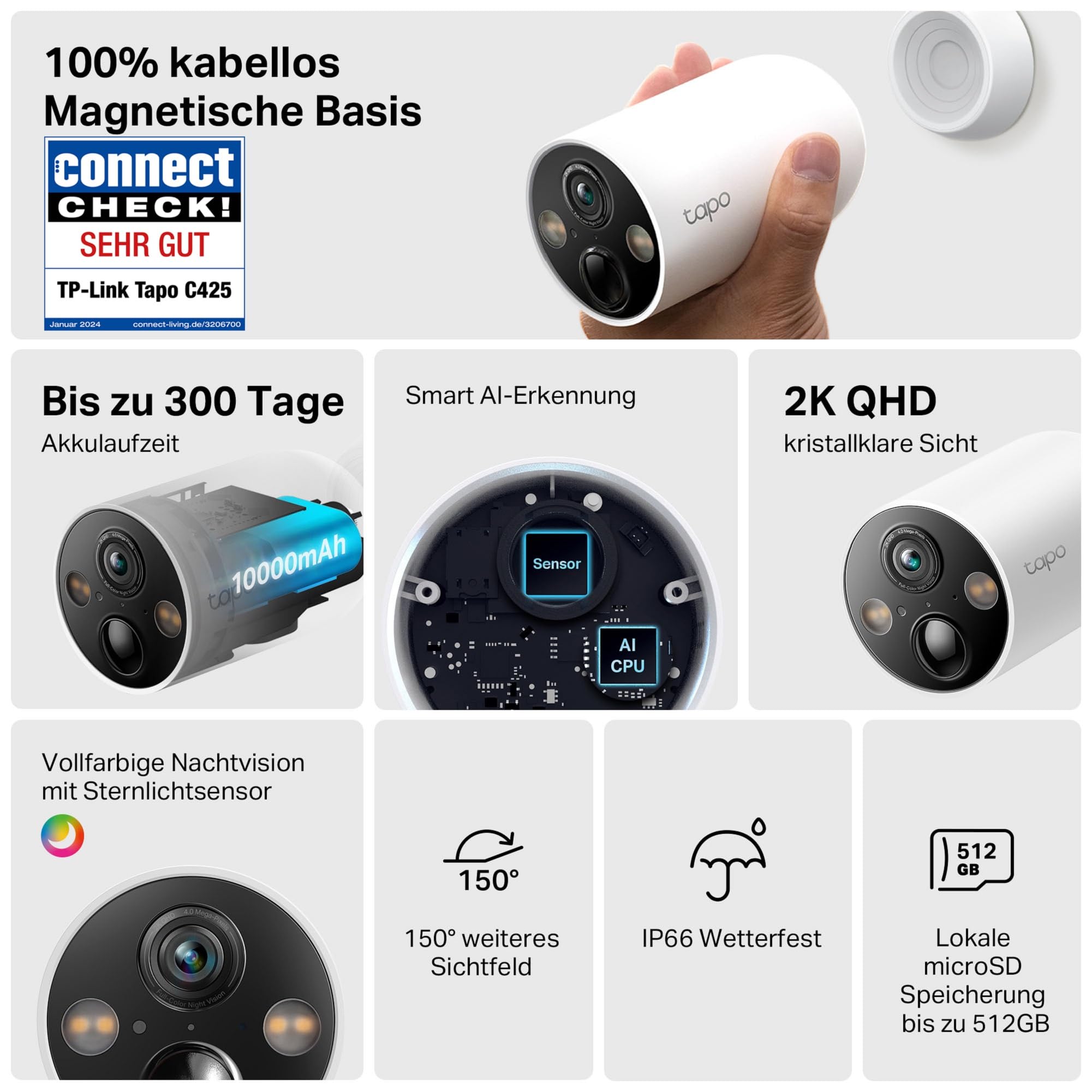 Tapo C425 Außenkamera Akku, Überwachungskamera aussen mit Magnetische Basis, 2K Auflösung, WLAN, 10000-mAh-Akku, 142° FOV, Kein Hub erforderlich, Unterstützt Solarpanel 2