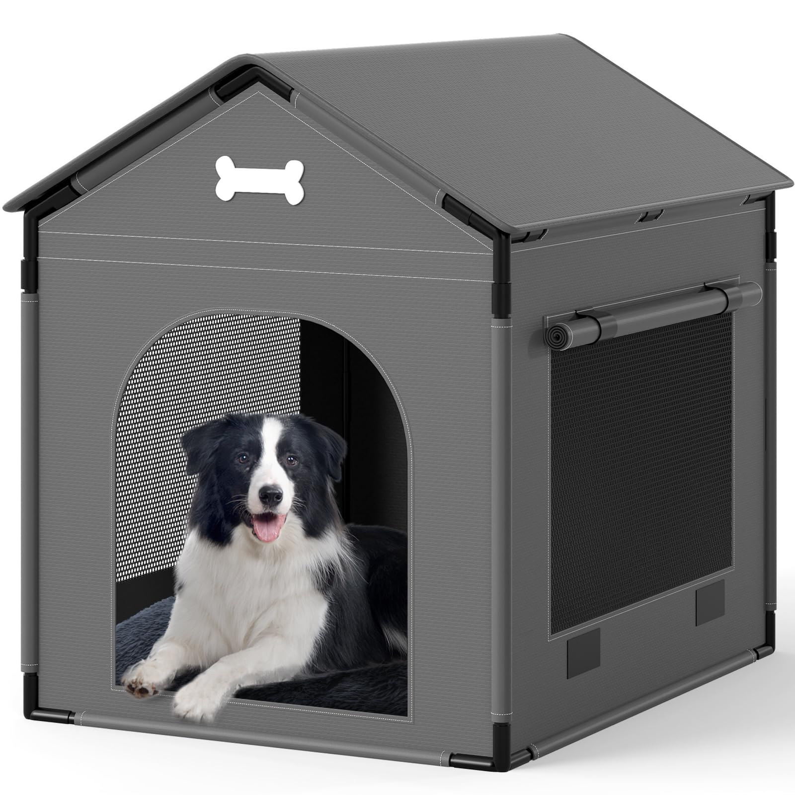 Photo 1 of Large Dog House Indoor with Plush Cushion, Dog Kennel for Inside with Sturdy Frame, Waterproof Pet House Suitable for Small Medium Dogs, 27x21x27in, Gray