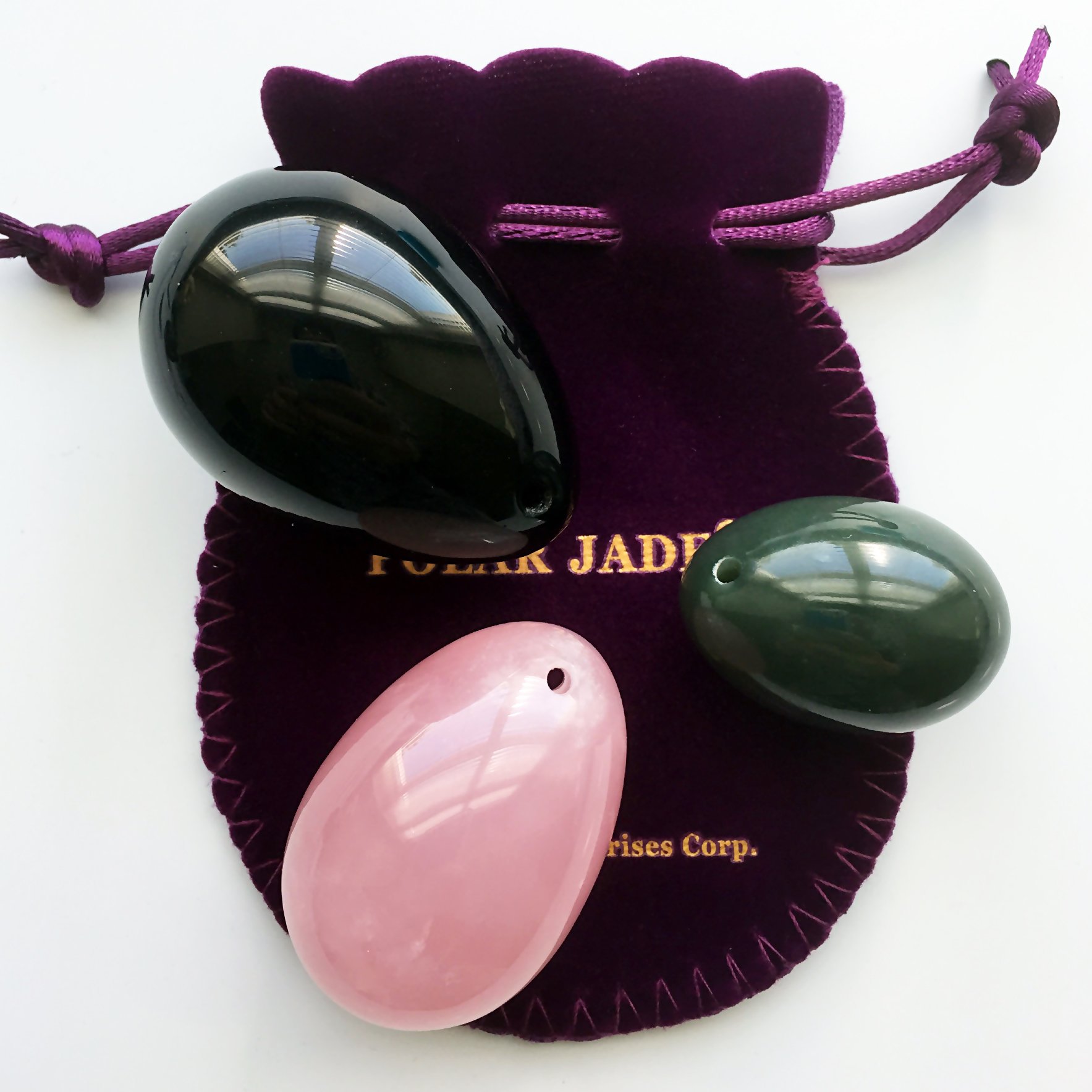 Jade Eggs 3-pcs Set of 3 Gemstones, Drilled, with String & User Instructions and Certificate, Made of Nephrite Jade, Rose Quartz and Black Obsidian, L/M/S 3 Sizes for PC Muscles Exercises