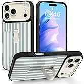 Jefonha Compatible with iPhone 17 Pro Case with Finger Hand Strap Kickstand, Trendy Cool Striped Phone Case for Women Men, Full Camera Protection Shockproof Protective Cover, White and Blue Stripes