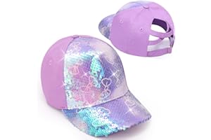 BROMZ Girls Glitter Baseball Cap Kids Ponytail Hat Adjustable Summer Mesh Trucker Hats for 4-12 Years
