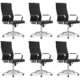 Okeysen Office Desk Chair, Ergonomic Leather Modern Conference Room Chairs, Executive Ribbed Height Adjustable Swivel Rolling Chair for Home Office Set of 6. (Black)