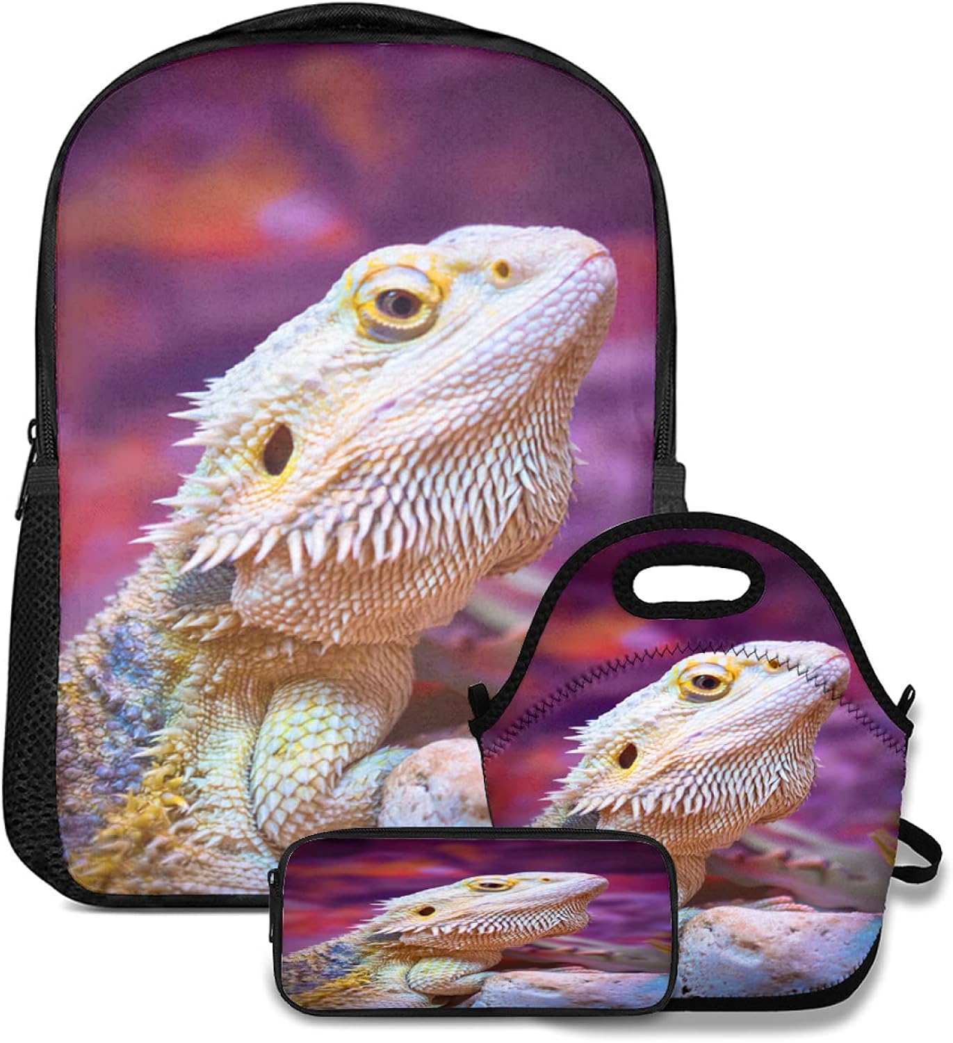 Backpack Lunch tote Bag and Pencil Case 3pc set Bearded Dragon Lizards