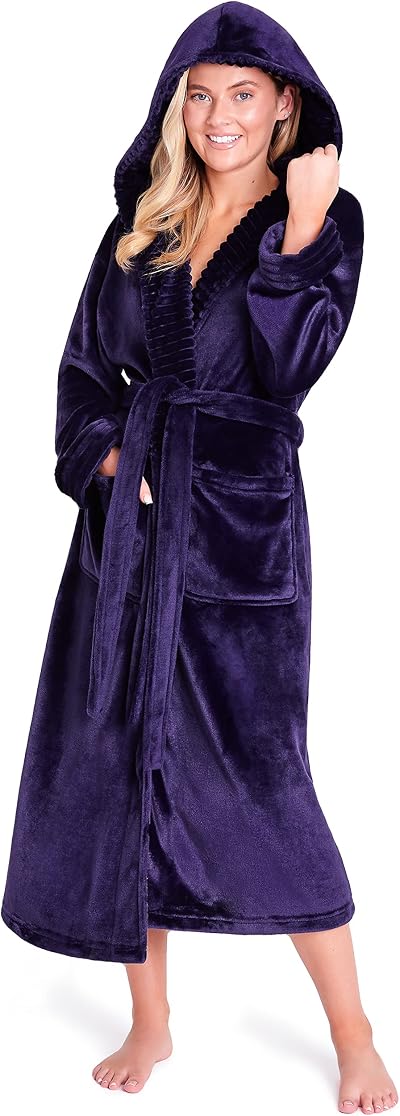 CityComfort Ladies Fluffy Hooded Bathrobe Plush Fleece Long Robe M Deep Purple