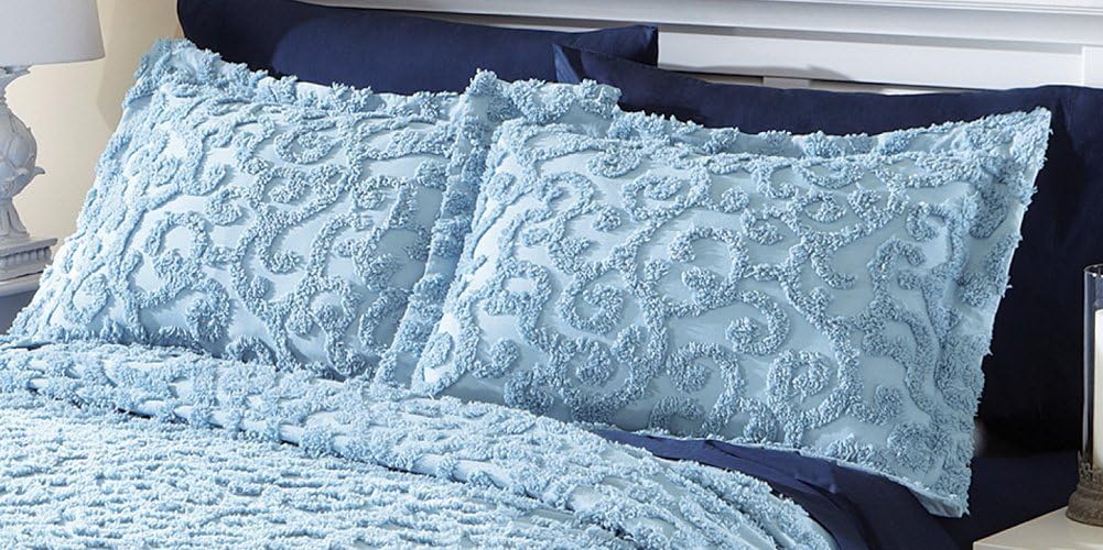 Collections Etc Scroll Chenille Flanged Edge Pillow Shams Set, Blue, Sham