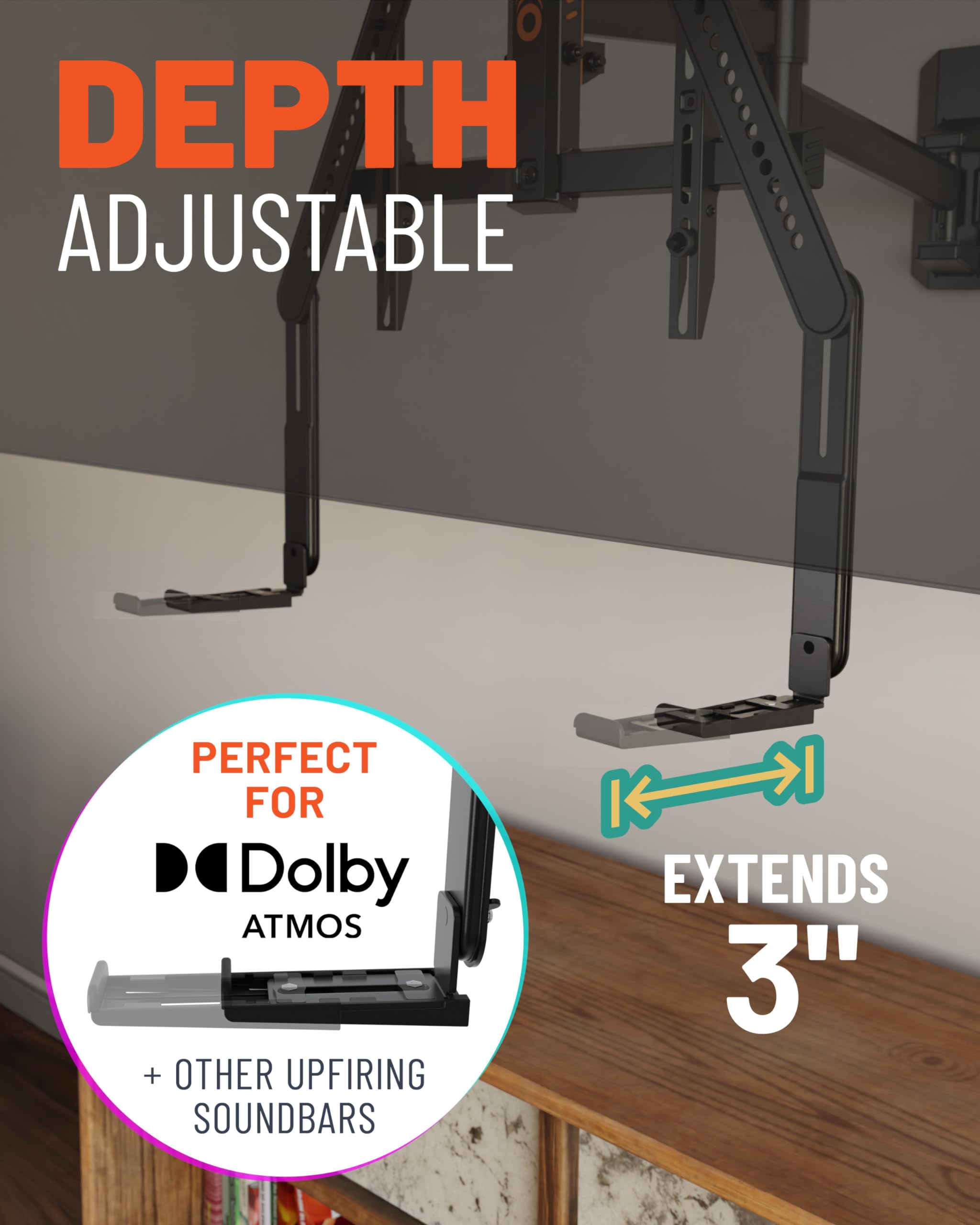 ECHOGEAR Sound Bar Mounting Bracket for Under TV - Adjustable Height & Depth for Max Compatibility Between TV & Soundbar - Dolby Atmos Compatible & Works with LG, Vizio, Bose & More