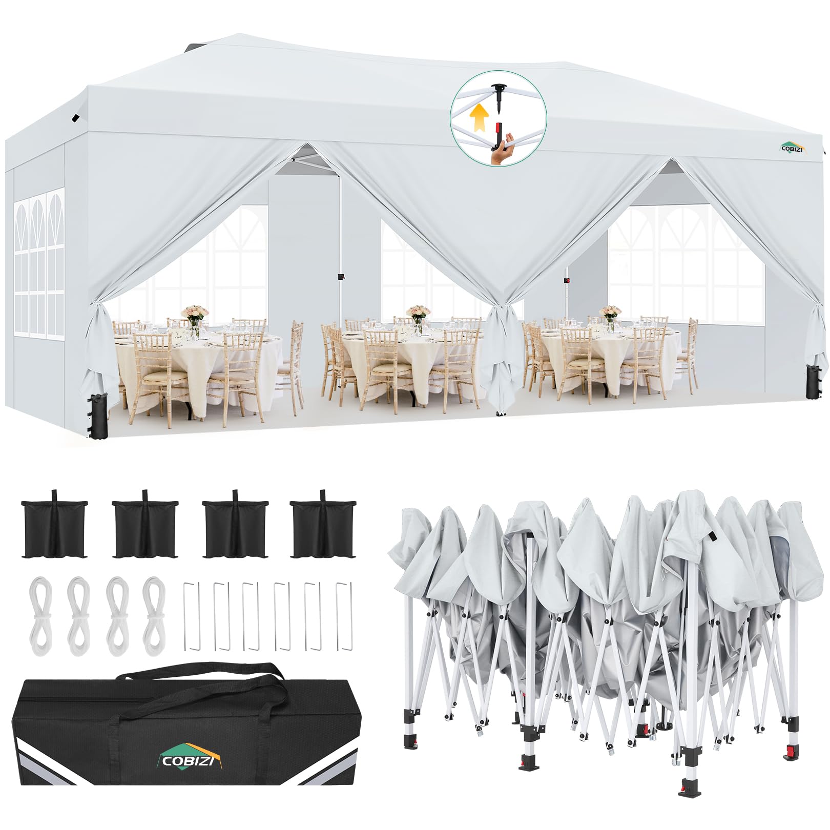 Photo 1 of COBIZI Canopy 10x20 Pop Up Canopy Tent with 6 Sidewalls, One Push Party Tents for Parties Outdoor Wedding Waterproof Gazebo Commercial Event Tent with Sandbags, White